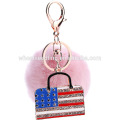 Fashion bag charm fur ball keychain with crystal America flag